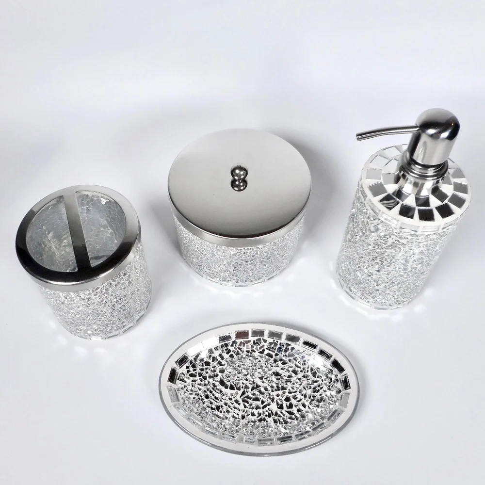 4 pc Mosiac Silver Mirror Glass Soap Dispenser Dish Jar Toothbrush Holder Bling